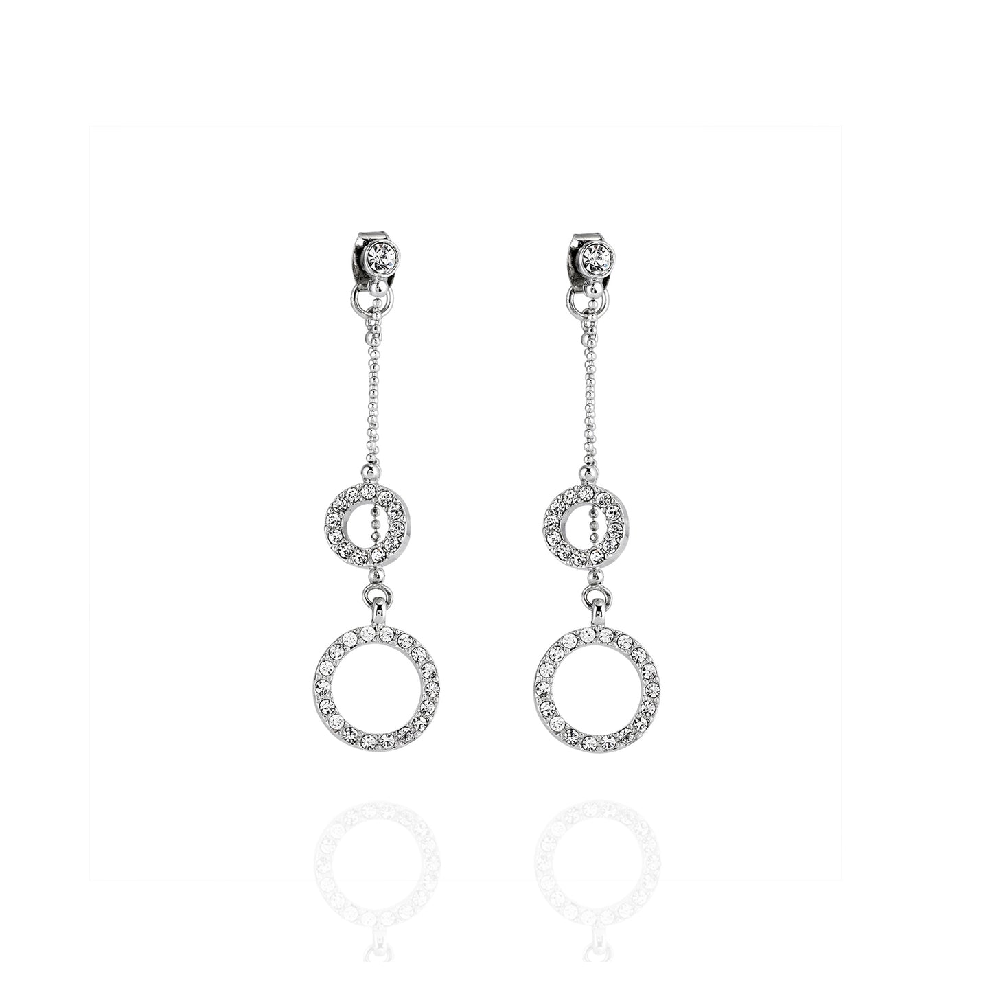 Front view of Tiffany Drop Earrings with double moissanite hoops suspended from a round stud