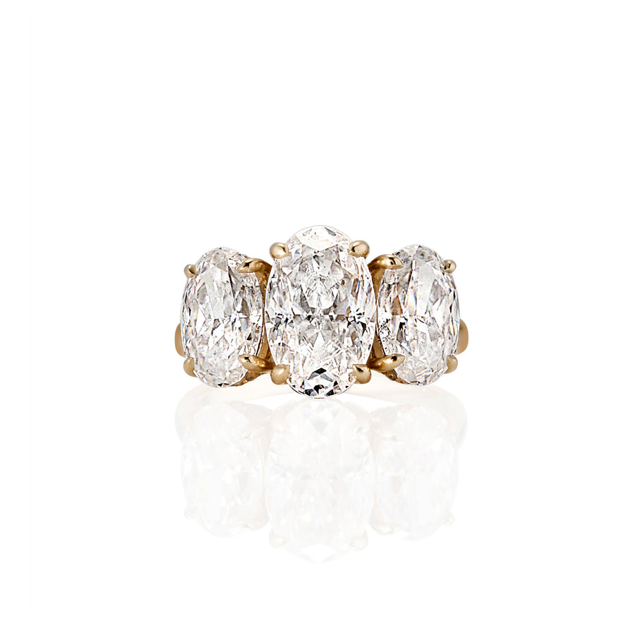Front view of Willow ring featuring three large oval moissanite stones in custom setting