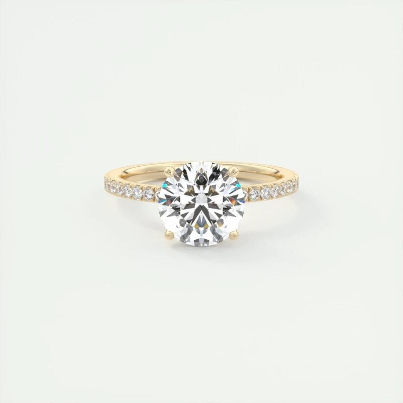 Aurora 2ct moissanite solitaire ring with hidden halo and pave band in yellow gold