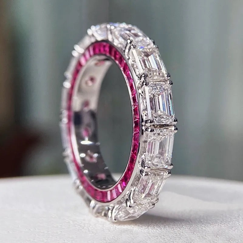 Baguette Hidden Pink Moissanite ring – front angle showing white stones and hidden pink layer