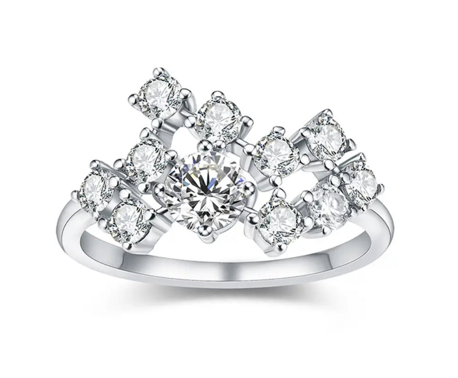 Bubbles Moissanite ring in silver – cluster of pavé-set stones front view