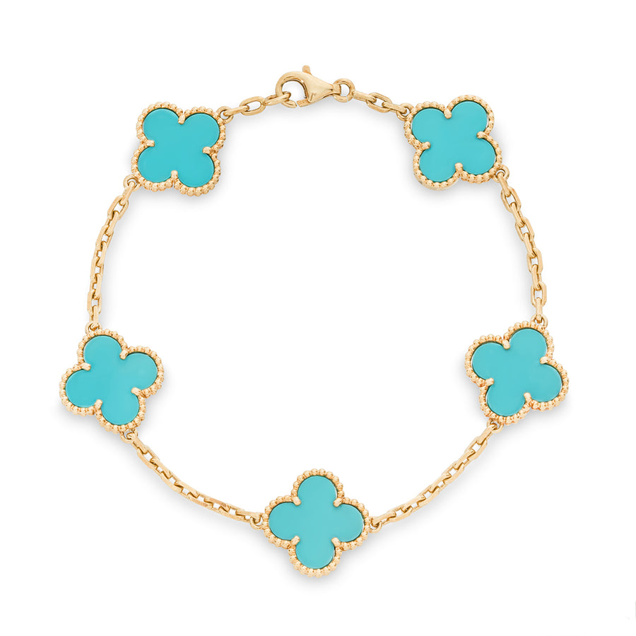 Clover Bracelet with turquoise enamel inlay – flatlay on white background