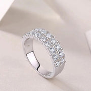 Double Row Moissanite ring in soft lifestyle setting with natural light