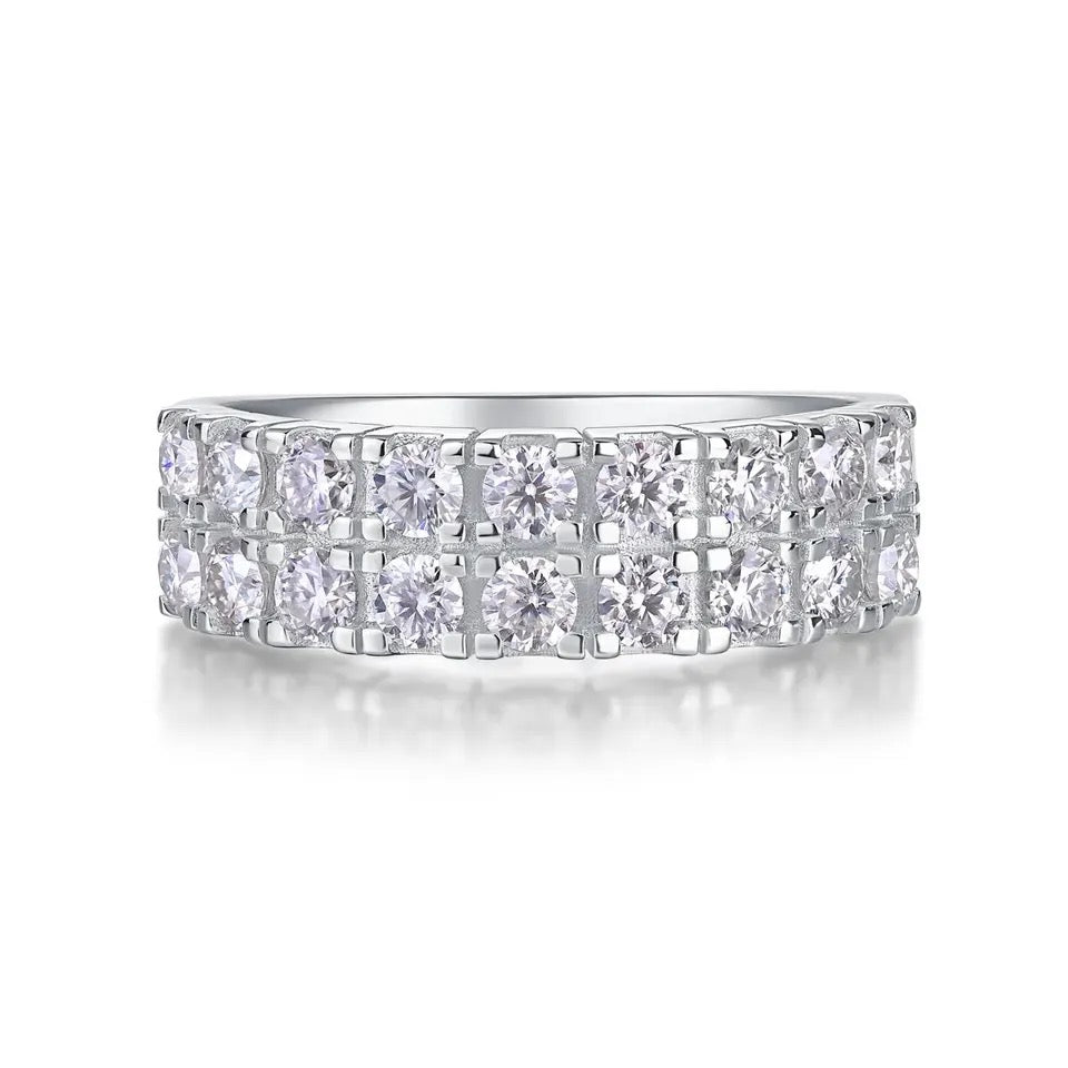Flat-lay image of Double Row Moissanite ring showing upper band design