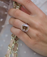 Barcelona ring worn on hand – champagne moissanite with crushed ice cut
