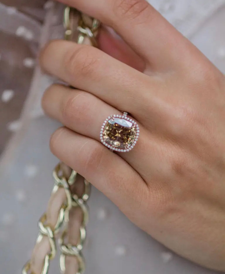 Barcelona ring worn on hand – champagne moissanite with crushed ice cut