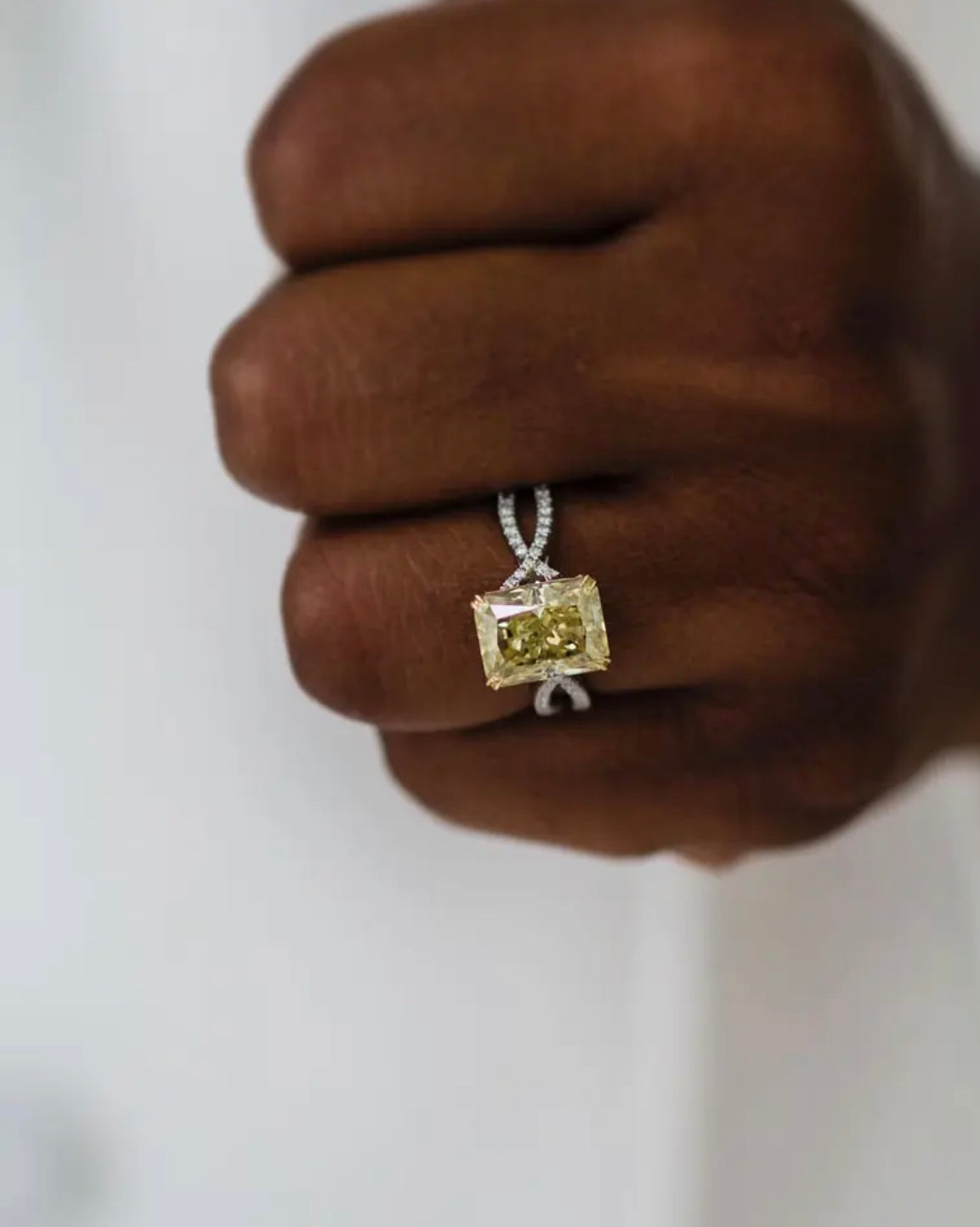 Close-up of Eden ring with 4ct radiant yellow Moissanite