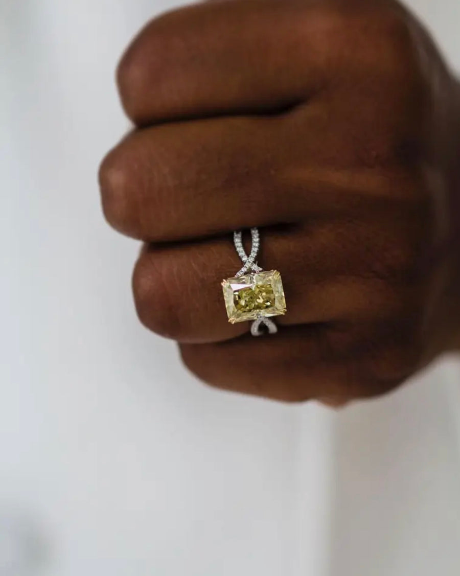 Close-up of Eden ring with 4ct radiant yellow Moissanite