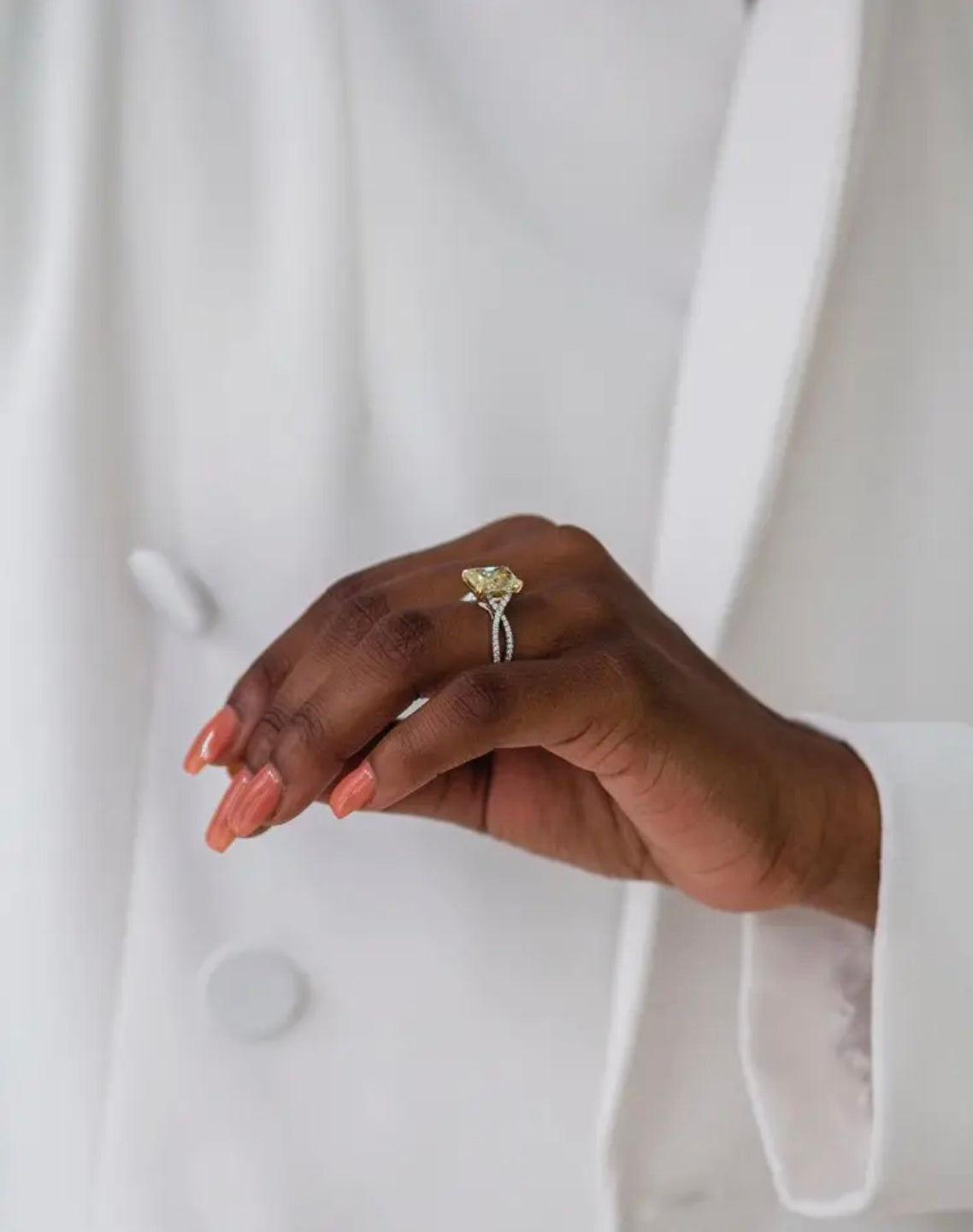 Eden yellow Moissanite ring on hand, side view