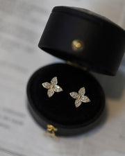 A pair of gold plated flower earrings in a black case, showcasing the earrings' design and the reflection of the earrings on the inner surface of the case.