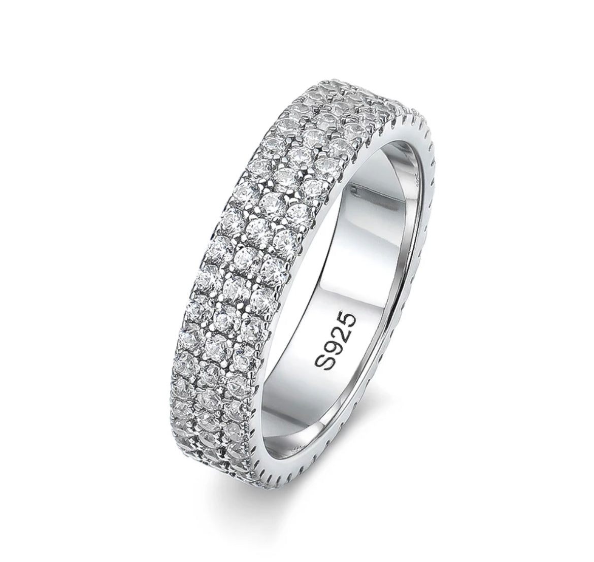 A classic 3 row Moissanite pave band ring with 1.5mm full row Moissanites, set in a solid 925 silver, plated in 18k white gold.