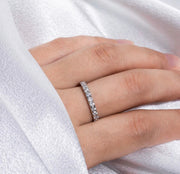 Model wearing Rebecca wedding band in white gold