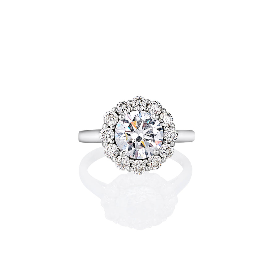 Top view of Annalise ring with a round-cut moissanite centre stone surrounded by a halo of smaller moissanite stones