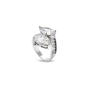 Bold wrap-style ring with two large pear moissanite stones and baguette detailing, side perspective