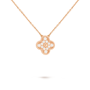 Rose gold necklace with a diamond pendant on a clear background