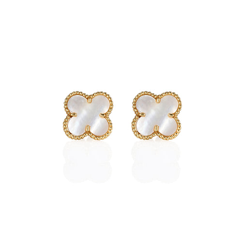 Front view of clover-shaped stud earrings featuring gold beaded edges and lustrous Mother of Pearl inlay