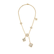 Full view of gold Clover Drop necklace with mother of pearl inlay clovers