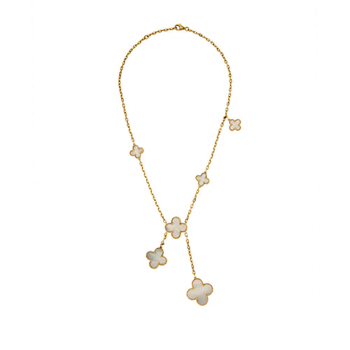 Full view of gold Clover Drop necklace with mother of pearl inlay clovers