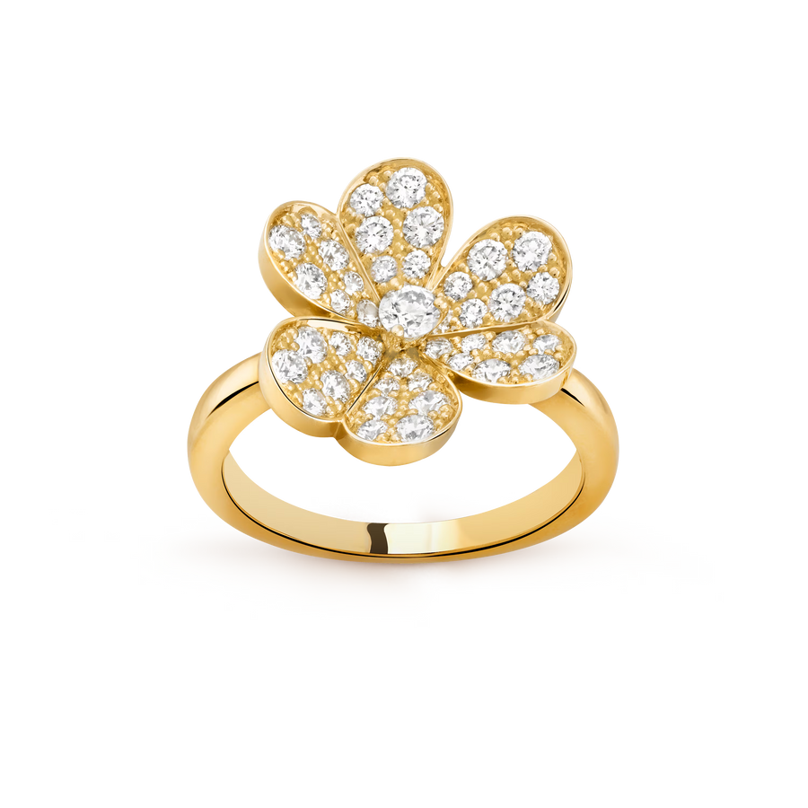 Gold ring with a diamond-encrusted clover design on a transparent background