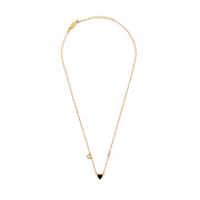 Full-length view of gold necklace with black heart charm, initial, and small decorative accents