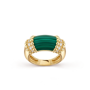 Gold ring with green stone and small diamonds on a transparent background