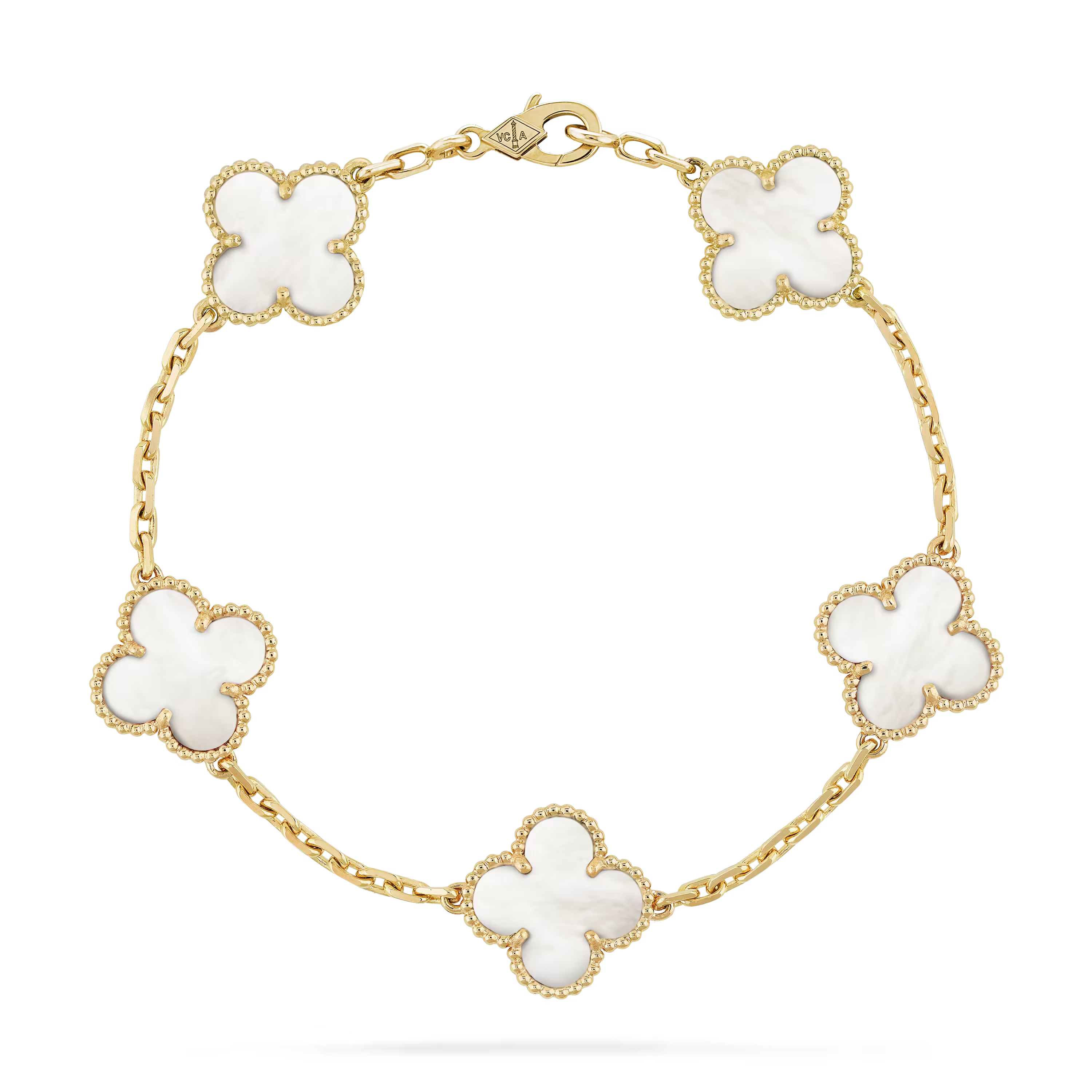 Gold bracelet with white clover-shaped charms on a clear background