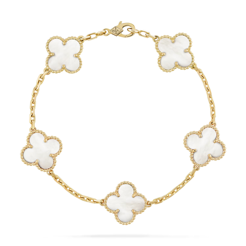 Gold bracelet with white clover-shaped charms on a clear background