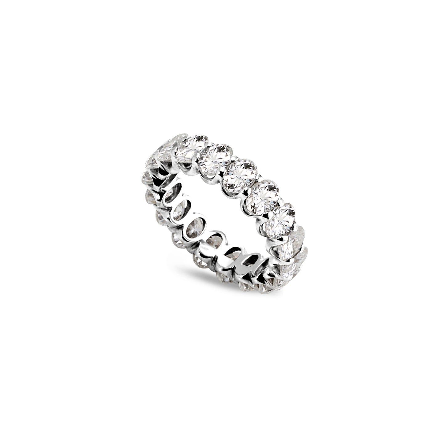 Oval moissanite full eternity band with claw settings, angled view