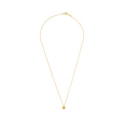 A delicate gold heart pendant necklace laid flat on a white background, featuring a fine chain and petite polished heart charm.