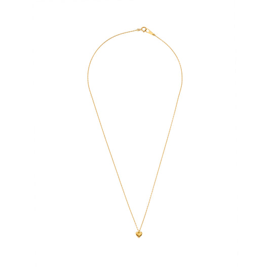 A delicate gold heart pendant necklace laid flat on a white background, featuring a fine chain and petite polished heart charm.