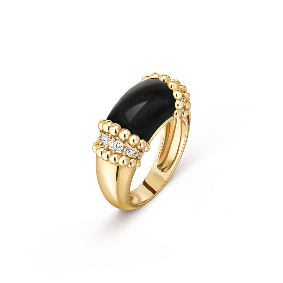 Gold ring with black gemstone and small diamonds on a transparent background