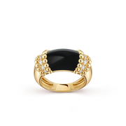 Gold ring with a black gemstone and small diamonds on a transparent background