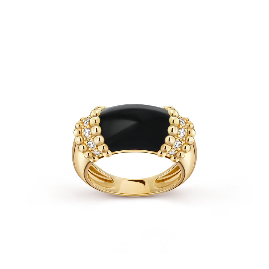 Gold ring with a black gemstone and small diamonds on a transparent background