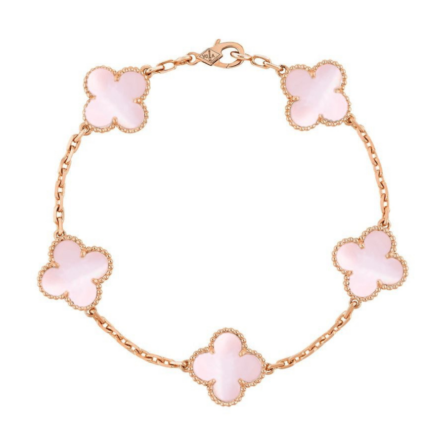 Bracelet with pink flower-shaped links on a white background