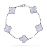 Clover Bracelet with lavender chalcedony inlays and silver beaded trim – flat lay