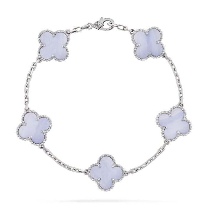 Clover Bracelet with lavender chalcedony inlays and silver beaded trim – flat lay