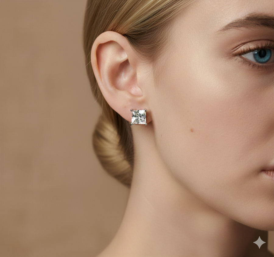 Close-up of a woman wearing a diamond earring with a neutral background
