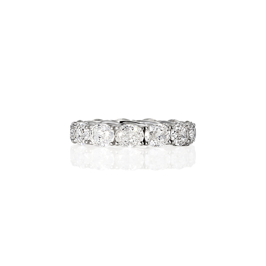 Side view of oval moissanite eternity band showing full-circle design and brilliance