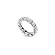Angled view of full eternity ring with oval-cut moissanite stones in a scalloped basket setting