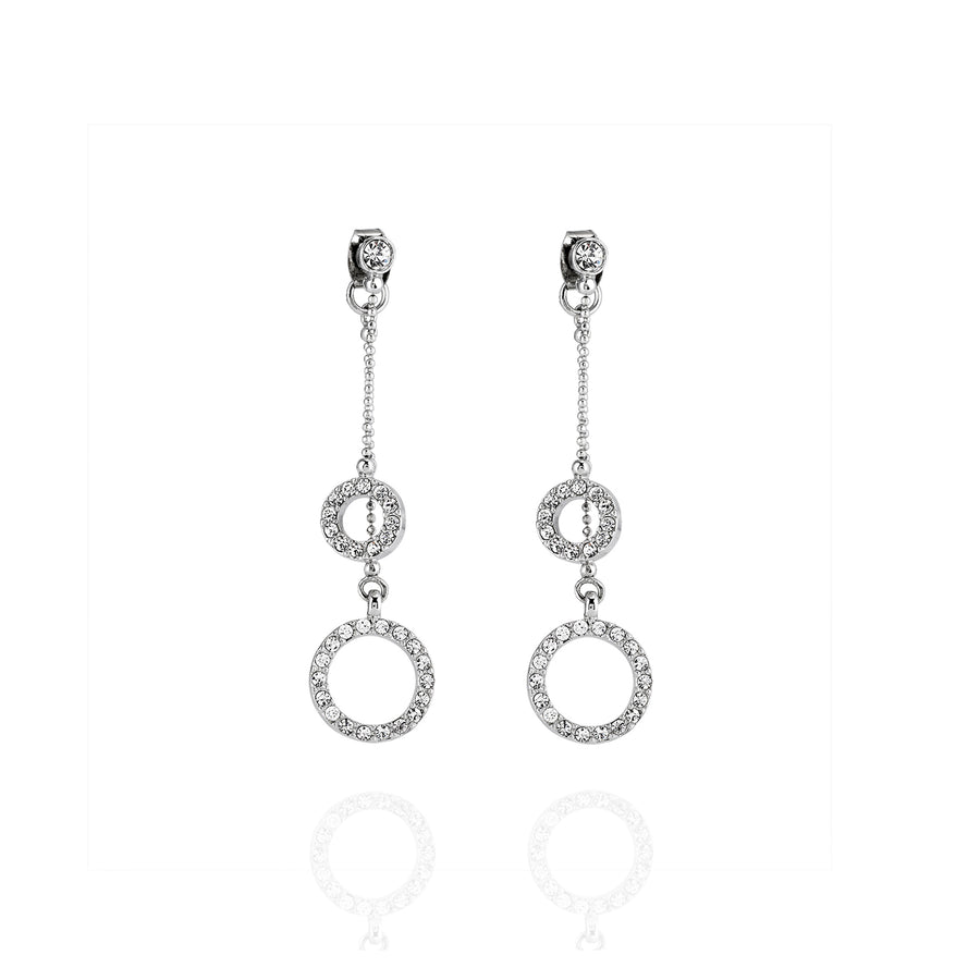 Front view of Tiffany Drop Earrings with double moissanite hoops suspended from a round stud