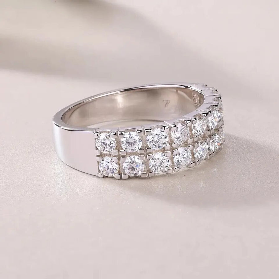 Close-up of ring in warm lighting – Double Row Moissanite detail