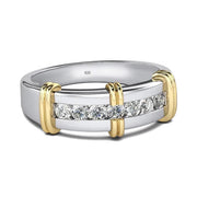 Two-tone mens Moissanite ring with yellow gold accents and multiple round brilliant cuts.