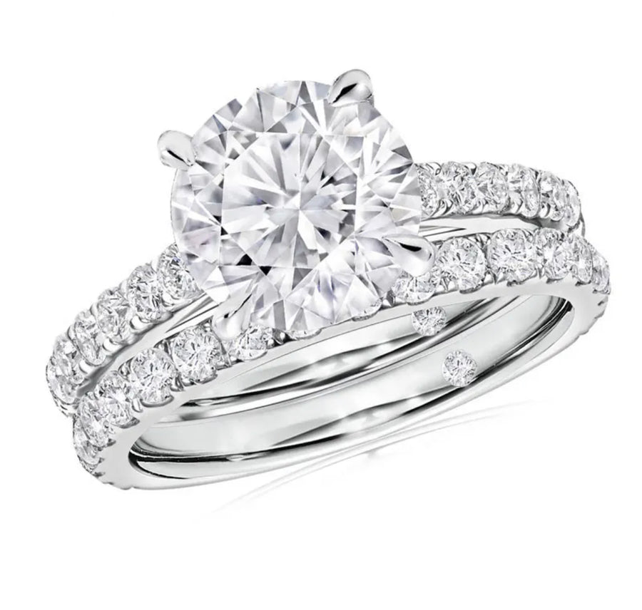 Side angle of the pavé bridal set highlighting stone detail