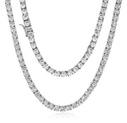 Close-up of a 3mm Moissanite tennis necklace with rhodium plating and box clasp