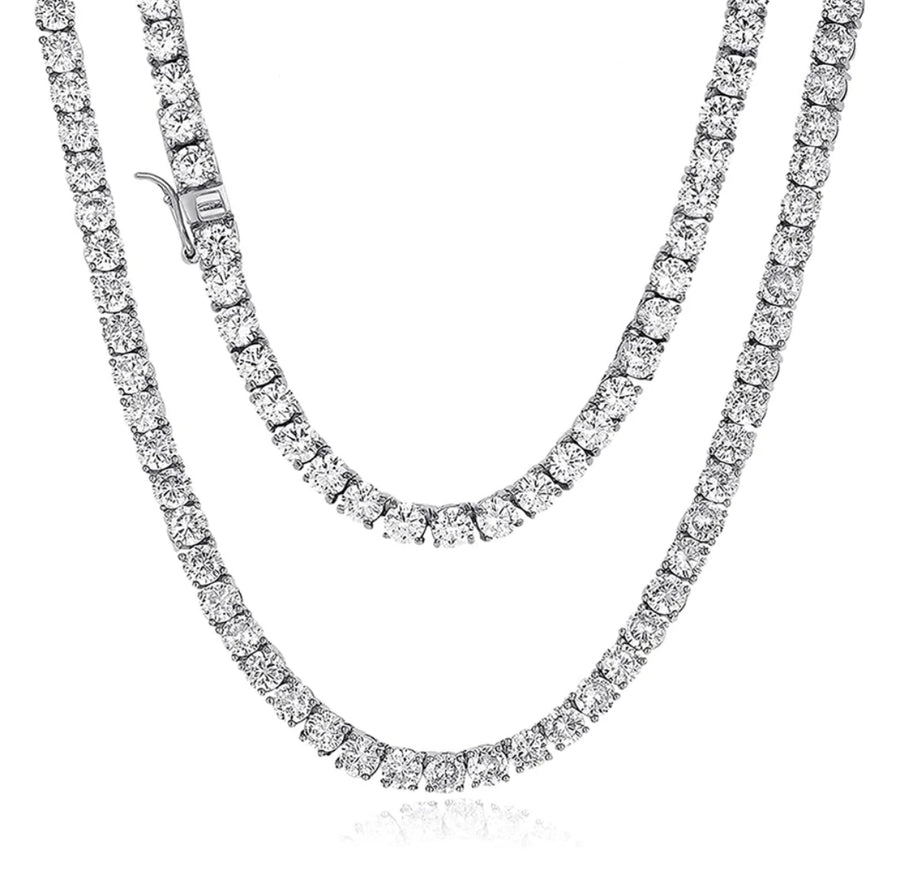 Close-up of a 3mm Moissanite tennis necklace with rhodium plating and box clasp