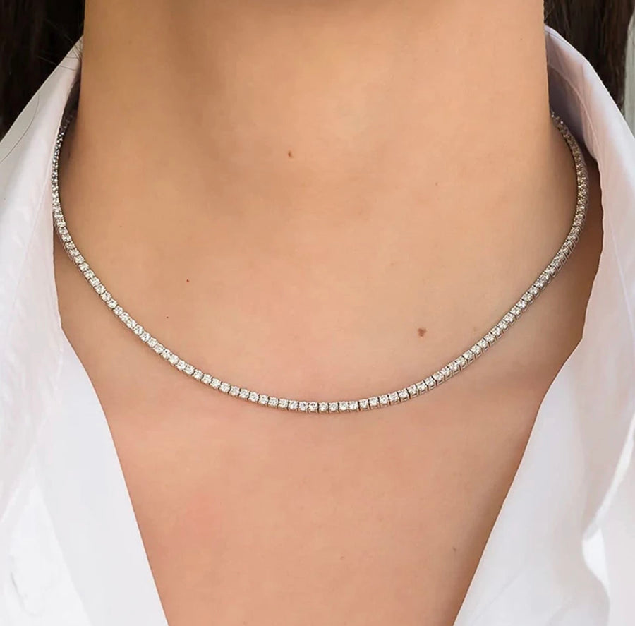 Close-up of 3mm Moissanite tennis necklace on neck