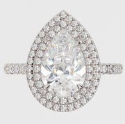 Front view of Portia ring showcasing pear-cut Moissanite and double halo detail