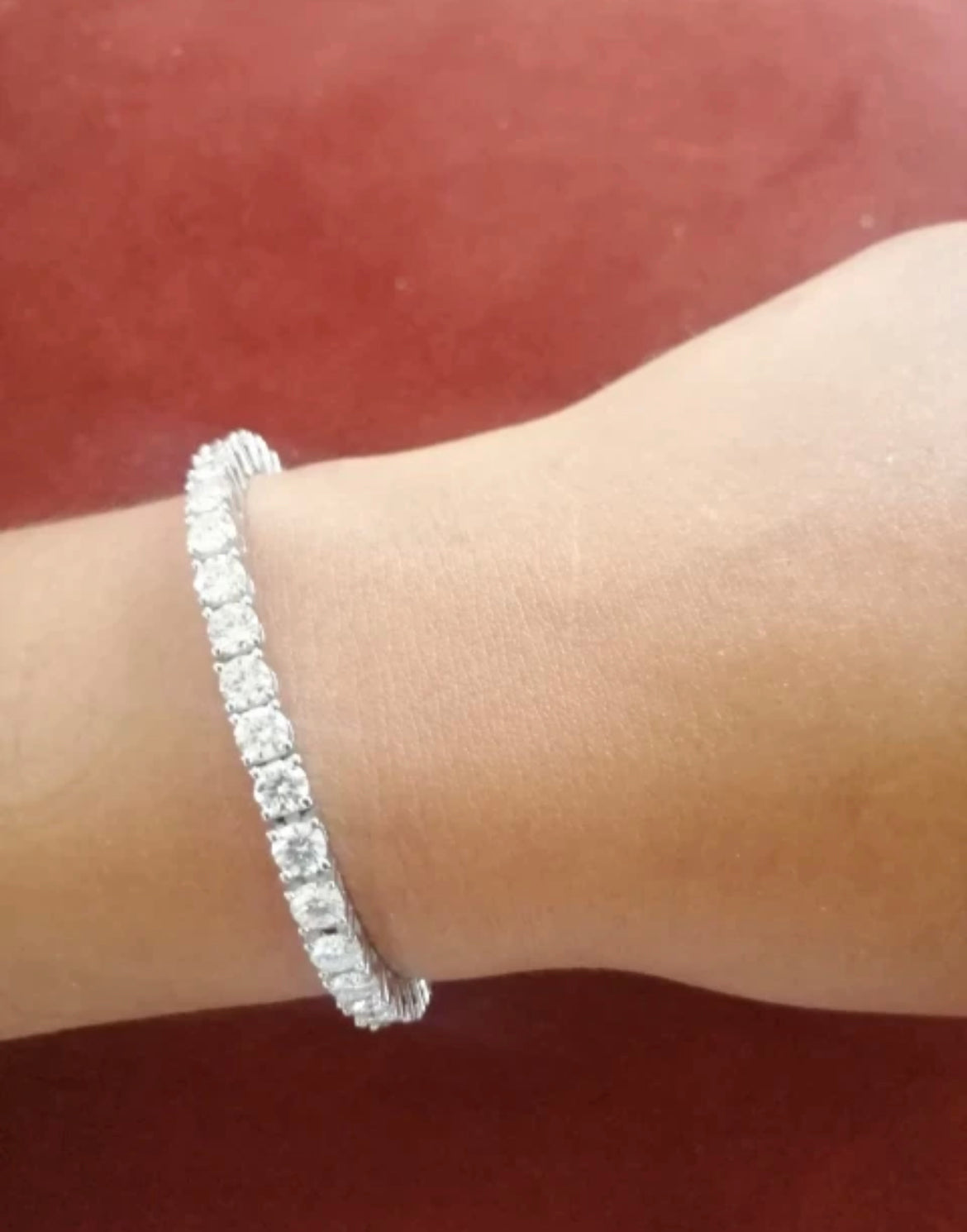 Close-up of Soho 4mm Moissanite Tennis Bracelet on wrist – 925 silver with white gold plating